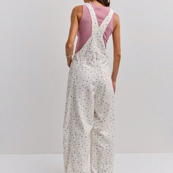 Multicolor Casual Women's ditsy Floral Print Wide-Leg Denim Overalls jumpsuit - Picture 3 of 8